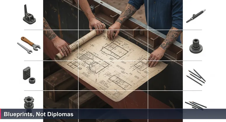 Tattooed hands holding an annotated ship blueprint at the Port of Wilmington, symbolizing hands-on tech skills for non-degree careers in Wilmington's job market.