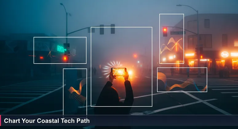 A junior developer navigates a foggy Wilmington, NC street at dusk with a glowing phone map, symbolizing the search for tech startup opportunities.