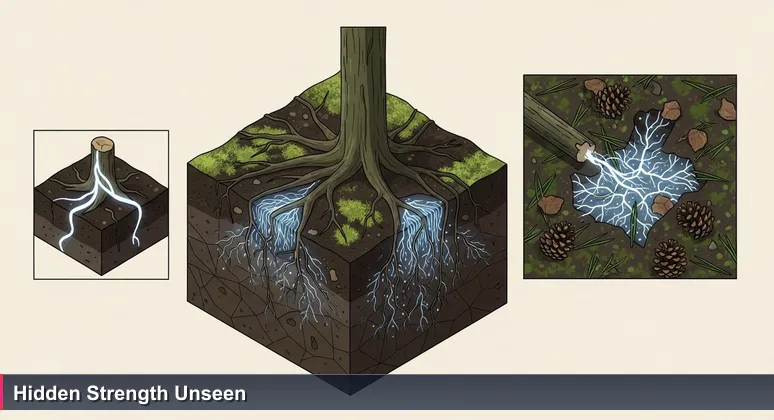 Close-up of mycelium threads in Wilmington's coastal forest soil, symbolizing the interconnected support network for women in tech professionals