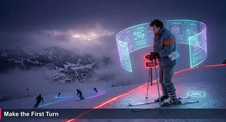 Foggy Engelberg ridge with a hesitant skier at the lip of a red run, rental skis and crumpled map, symbolising a beginning AI professional poised between study and real-world Swiss production roles.