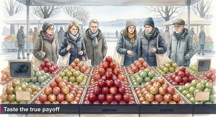 Bürkliplatz market stall in Zürich with three pyramids of apples and small chalkboard price tags, shoppers in winter jackets choosing between stacks