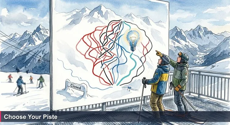 Two friends in ski gear at a snowy alpine top station study a piste map showing mostly red and black runs, a single blue trail marked closed; gondolas and jagged peaks behind them.