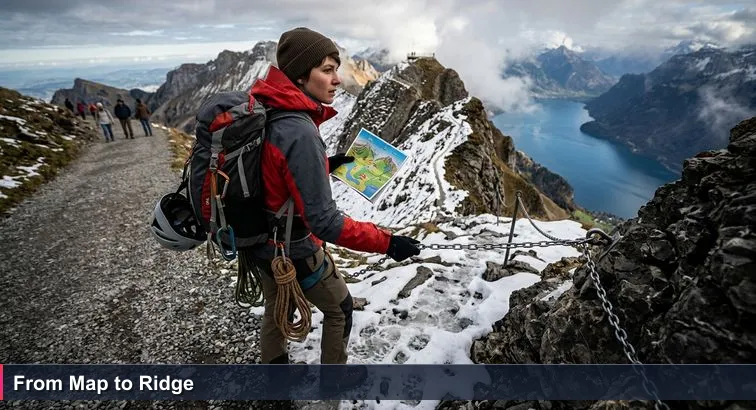 A hiker at the start of a narrow alpine ridge above Lake Lucerne holding a glossy brochure with a cartoon trail map while the real rocky, icy path stretches ahead.