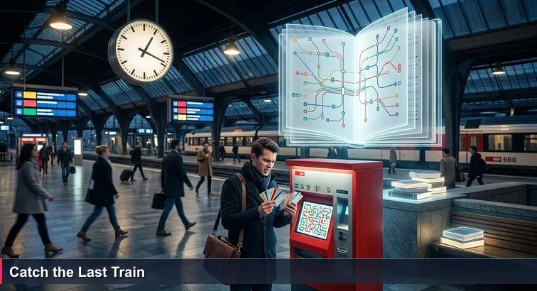 Evening scene inside Zürich Hauptbahnhof: a young professional stands confused in front of a red SBB ticket machine, holding passes and vouchers, with a flickering departure board behind them.