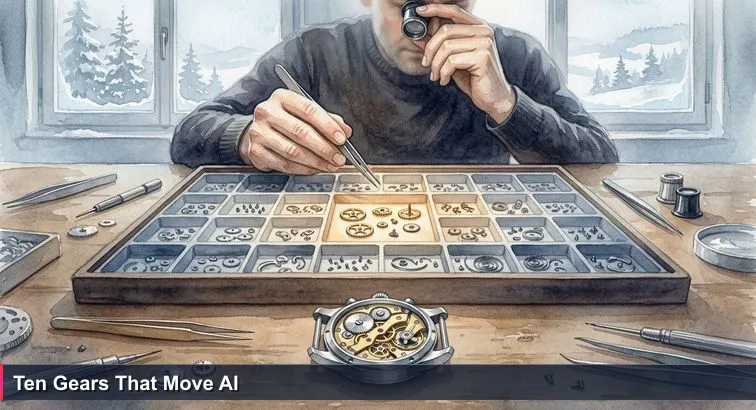 Watchmaker in a Jura atelier leaning over a velvet tray of tiny brass gears, loupe to one eye, selecting a few parts beside an open, half-finished watch movement.