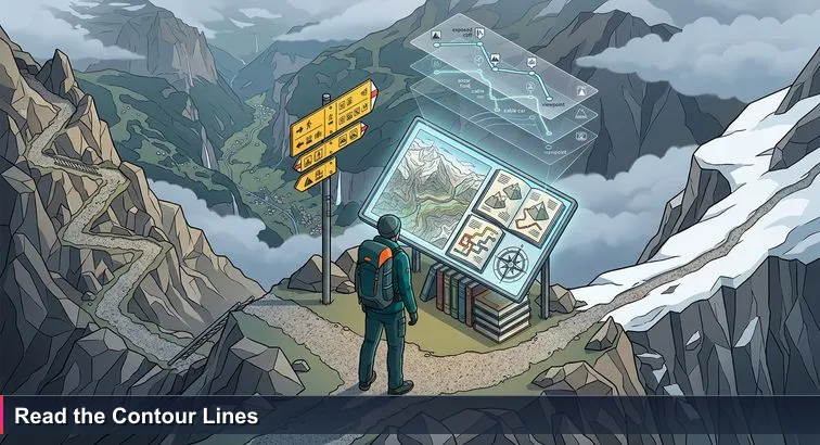 A lone hiker at a fork above Lauterbrunnen studies a yellow trail sign and map, with one path appearing easy on paper while the real mountain reveals a steep snowy traverse under low clouds.
