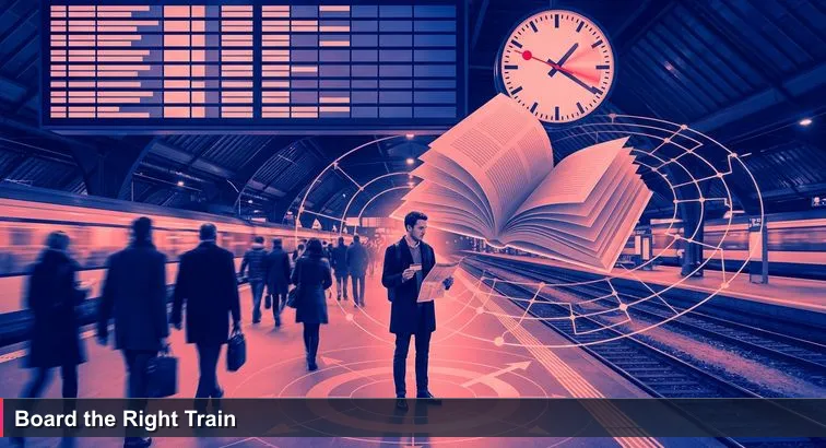 Evening at Zürich Hauptbahnhof under the large blue departure board; a lone commuter holds a Half-Fare card and phone, looking unsure while crowds move toward platforms.