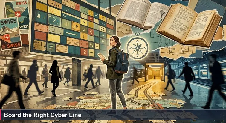 Evening at Zürich Hauptbahnhof: a young professional with a laptop backpack stands beneath a large yellow departure board, unsure which destination will lead to the right cybersecurity career path.
