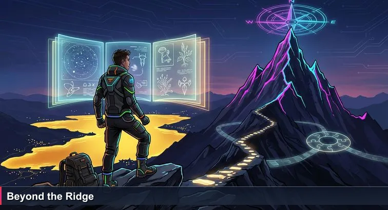 A lone hiker on a ridge above Lake Zurich looks up to a higher, sharper mountain peak beyond the ridge at sunset; village and lake visible below, path winding upward.