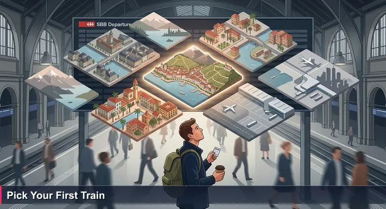 Commuter under Zurich Hauptbahnhof departure board at dusk, backpack and coffee in hand, crowds passing - visual metaphor for choosing between many free tech training options in Switzerland.