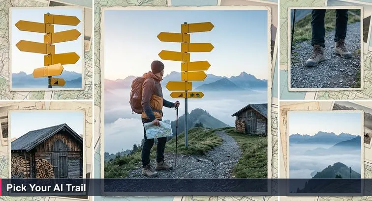 Hiker at a Swiss mountain trail junction near a wooden hut, holding a map while yellow Wanderweg signposts point to Basel, Zürich and Lausanne through morning fog.