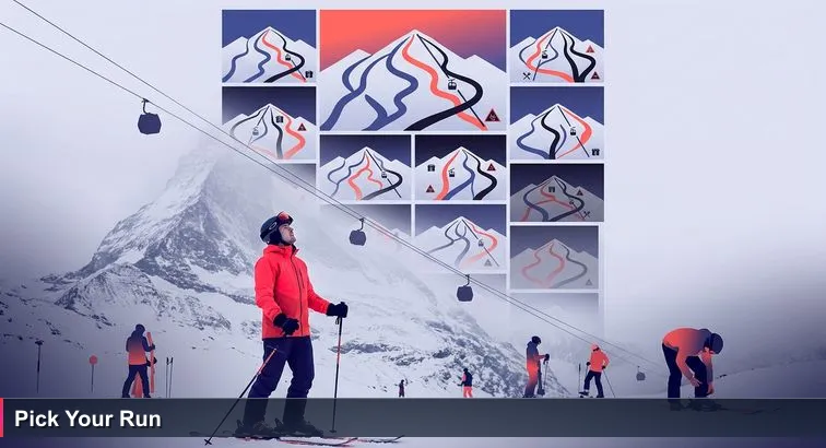 A skier in a red jacket studies a large piste map showing blue, red and black runs; gondolas, skiers and a foggy mountain appear in the background, symbolising choosing a tech hub.