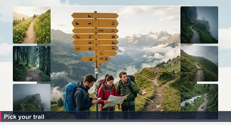 Yellow Swiss Wanderweg signpost with multiple arrows above a misty Lauterbrunnen ridge; three hikers consult phones and maps below, deciding which trail to take.