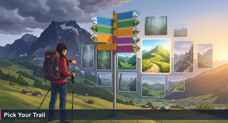 Hiker at a yellow Swiss signpost above Grindelwald with ten arrows pointing different directions, storm clouds over the Eiger, watch checked, choosing one trail.