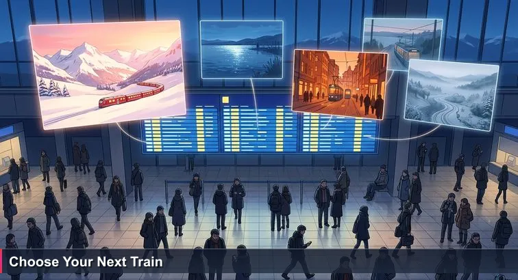 Overhead view of Zürich Hauptbahnhof departure hall with commuters in coats and a large blue departures board listing Basel, Lausanne and other cities, symbolising career choices.