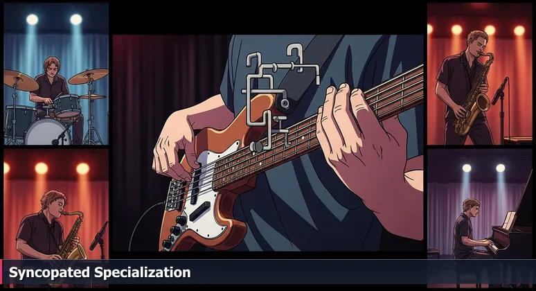 Close-up of a jazz bassist's hands playing a complex chord in a Charlotte music venue, symbolizing the specialized and synchronized AI startup ecosystem.