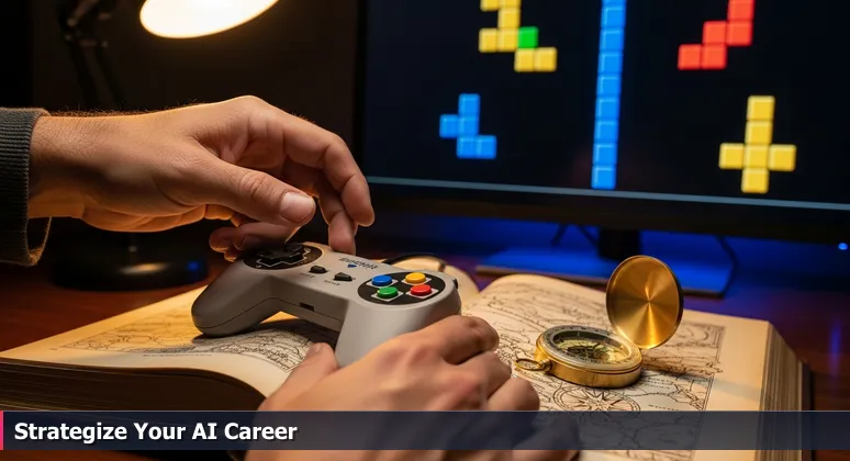 Close-up of hands on a game controller with Tetris blocks on screen, symbolizing strategic planning for an AI career in Charlotte, NC in 2026.