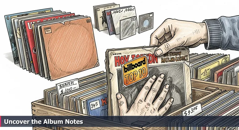 Close-up of hands flipping through vintage vinyl records at a Charlotte flea market, focusing on a faded 'Billboard Top 10' sticker on an album sleeve.