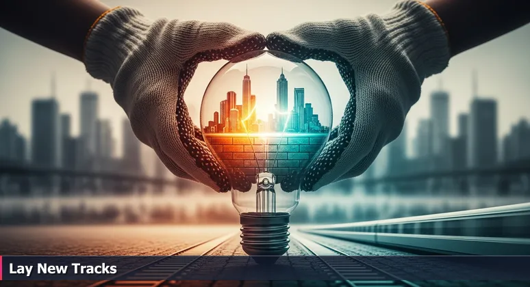 Construction worker in Charlotte lifting historic cobblestones beside new light rail tracks, with old brick buildings and modern glass towers in background, symbolizing tech innovation on solid foundations.