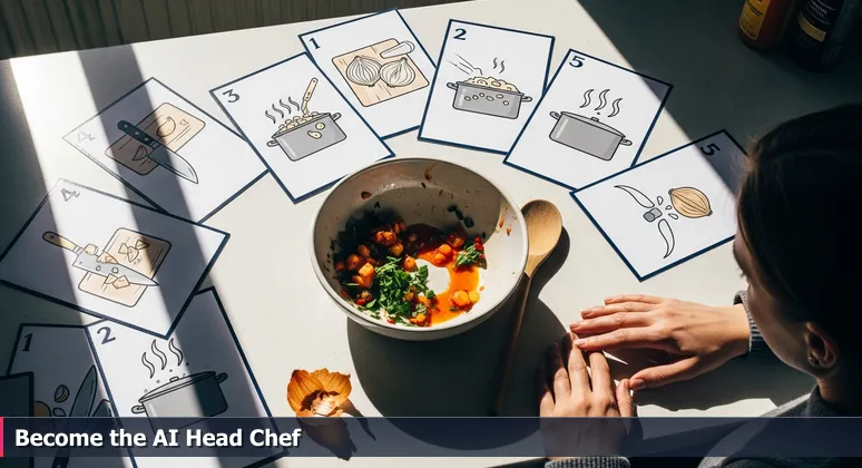 A kitchen counter with recipe cards for AI skills and a messy bowl of ingredients, symbolizing the challenge of integrating skills without a cohesive plan.