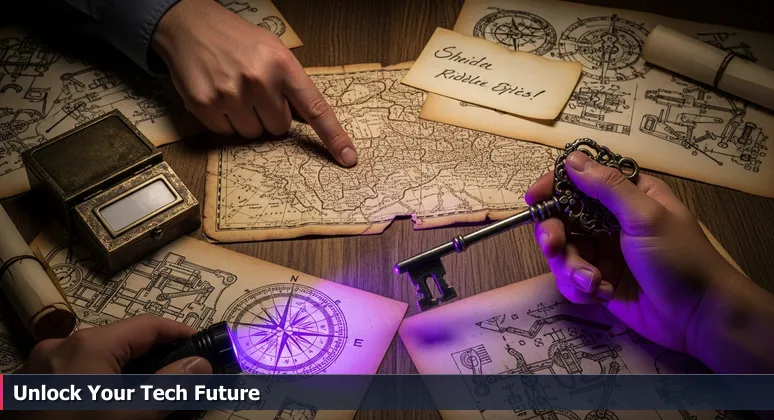 Hands on an escape room table with scattered clues like maps and documents, holding a master key to represent funding solutions for tech training in Charlotte.