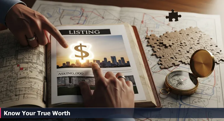 Close-up of a Charlotte real estate listing with finger pointing at price, showing house foundation and downtown skyline.