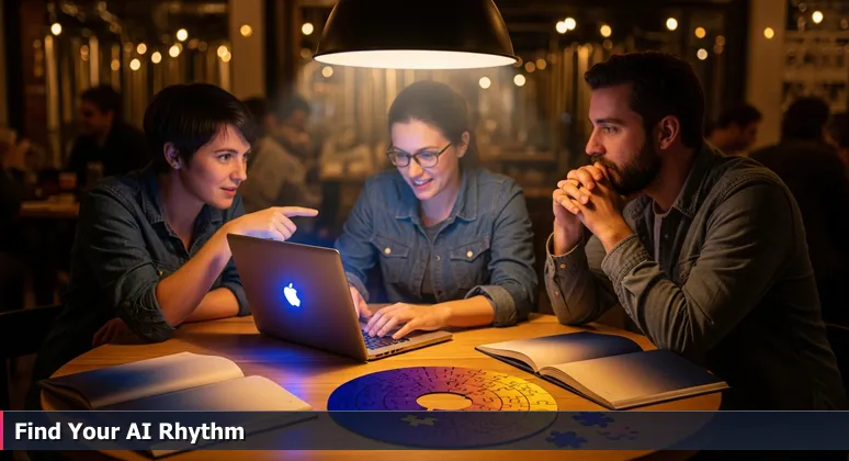 Three AI professionals collaborating over a laptop at a Charlotte brewery meetup, symbolizing community learning and networking in the local AI scene
