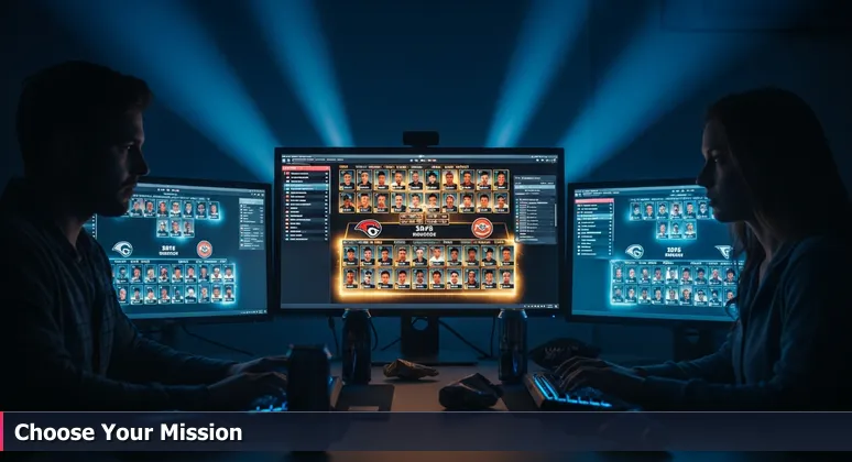 Tense scene of a dimly lit room with blue computer monitors displaying a fantasy football draft board, representing the high-stakes choice for AI engineers in Charlotte.
