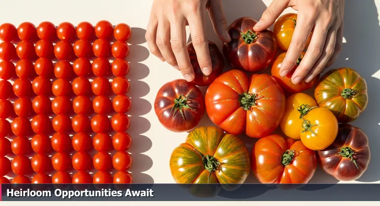 A person's hands choosing between uniform supermarket tomatoes and earthy heirloom tomatoes at a Charlotte farmers market, symbolizing tech career decisions.