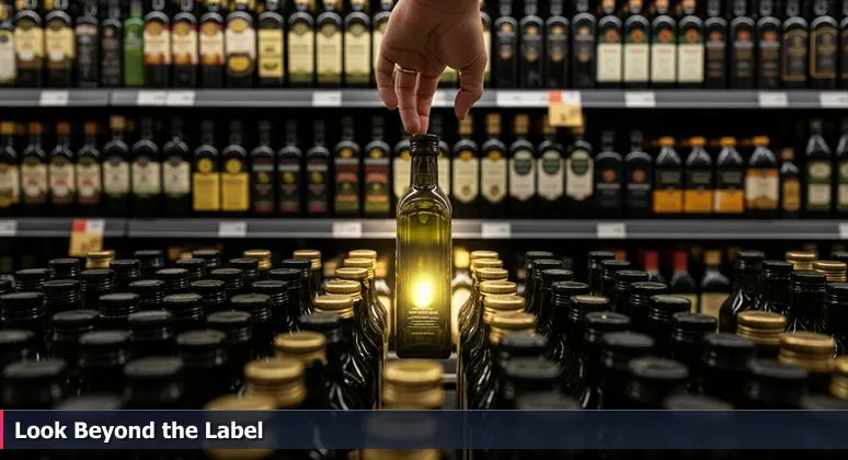 A hand hesitating before a shelf of olive oil bottles in a Charlotte grocery store, symbolizing the challenge of choosing an AI bootcamp.