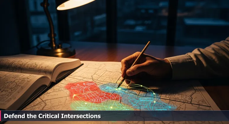 Detailed blueprint of Charlotte on a planner's table, with color overlays for banking, energy, and healthcare sectors, symbolizing interconnected cybersecurity defense needs.