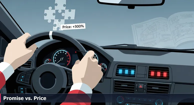 Hands gripping a steering wheel with a faded price sticker on the windshield, symbolizing the balance between tech career potential and Charlotte's cost of living.