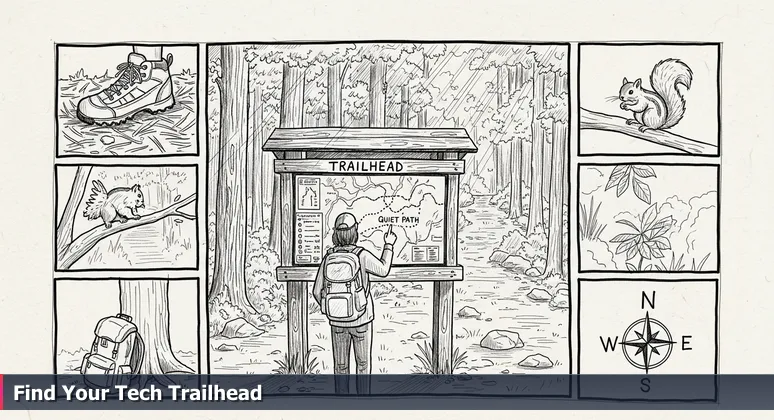 A person at a trailhead kiosk in Freedom Park, Charlotte, pointing to a dotted line on a map labeled 'Quiet Path'