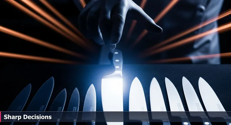 A chef's hand hesitates before a wall of shiny chef's knives, symbolizing the precision needed to choose a tech workspace in Charlotte's dynamic ecosystem.