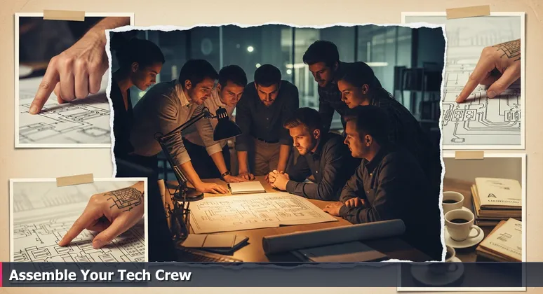 A diverse team huddled around a server network blueprint in a dim Charlotte office, with certification booklets and coffee cups, representing skills-based tech hiring.