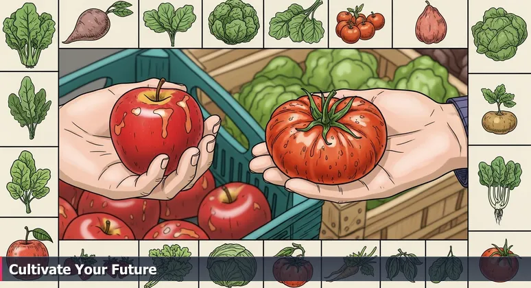 Hands at a Charlotte farmers market choosing between a perfect apple and a unique heirloom tomato, symbolizing tech career options for junior developers.