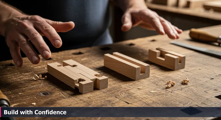 A craftsperson's hands selecting woodworking joints on a workbench, symbolizing career connections for women in tech in Charlotte, NC.