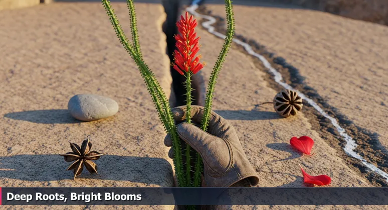 Close-up of a hiker's glove touching a flowering Ocotillo plant in a crack of Sandia Mountains granite, symbolizing AI startups thriving in Albuquerque's tech landscape.