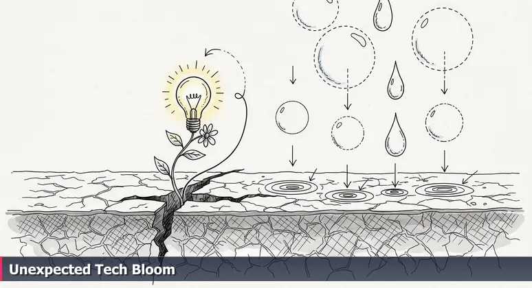 Close-up of cracked desert soil with monsoon raindrops and a blooming wildflower, symbolizing Albuquerque's emerging tech career opportunities in 2026.