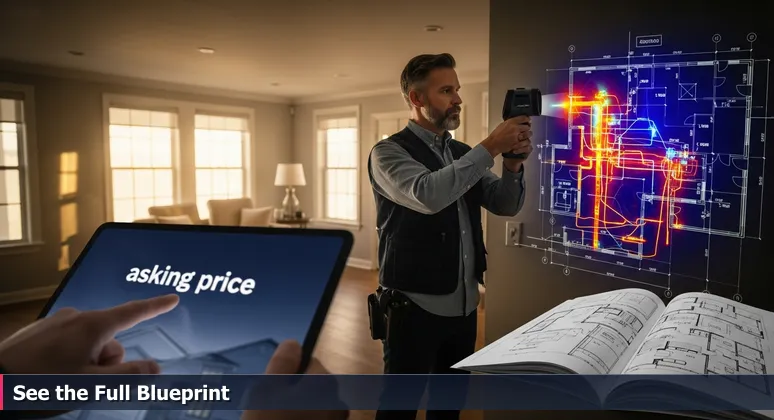 A hand points to a salary figure on a job listing, while a thermal camera reveals hidden infrastructure like pipes and wires beneath a house, symbolizing layered AI compensation in Albuquerque.