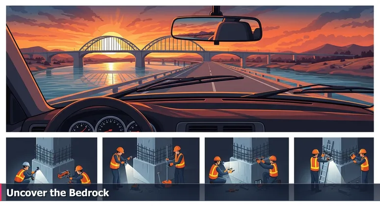 Sunset view from a car on the Rio Grande bridge in Albuquerque, with workers inspecting the foundational piers below.