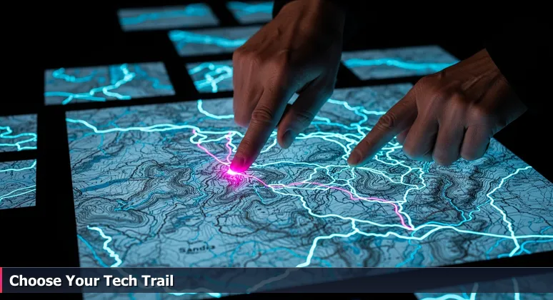 Weathered hands tracing a route on a topographic map of the Sandia Mountains, symbolizing career navigation in Albuquerque's tech industry for 2026.