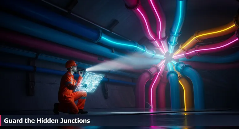 A cybersecurity professional in an Albuquerque utility tunnel, flashlight beam highlighting converging pipes marked Data, Power, and Water at a critical junction.