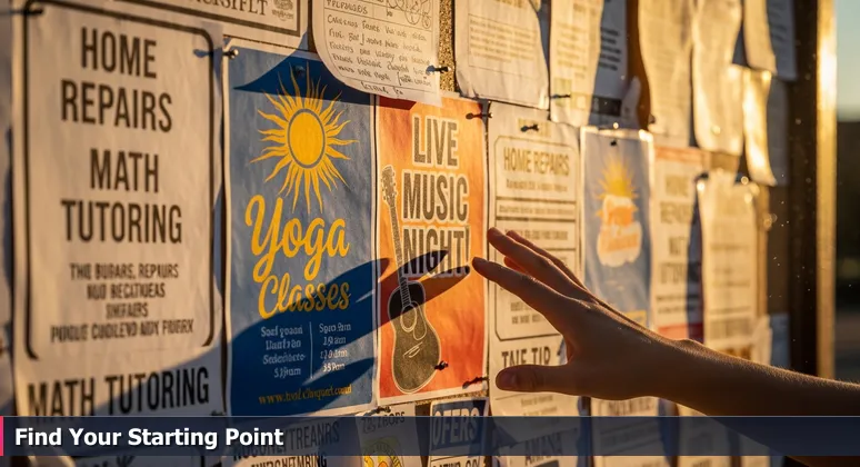 A hand hovering over a cluttered community bulletin board in Albuquerque's Sawmill District, filled with flyers for free tech training and local events.