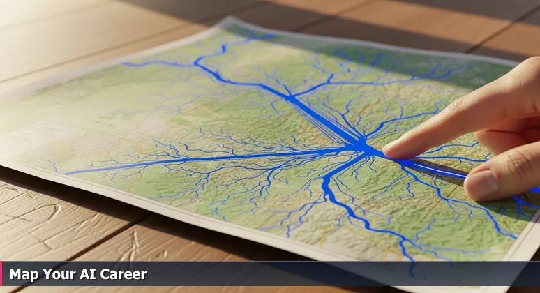 A detailed, aged map of Rio Grande irrigation channels with overlays symbolizing AI industries in Albuquerque, set on a rustic wooden table.