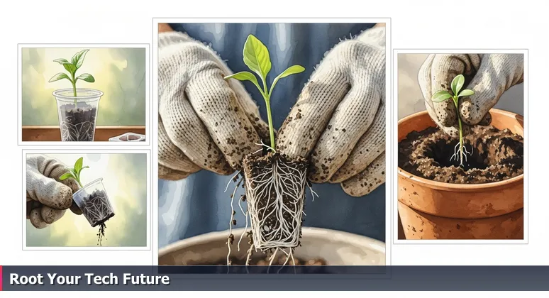 Hands in gardening gloves carefully transplanting a seedling into rich soil, representing the choice of a tech coworking space in Albuquerque.