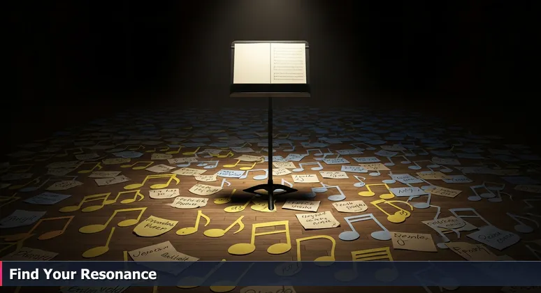 An empty orchestra audition room with a music stand and handwritten notes scattered on the floor, symbolizing shared wisdom in Albuquerque's women in tech community.