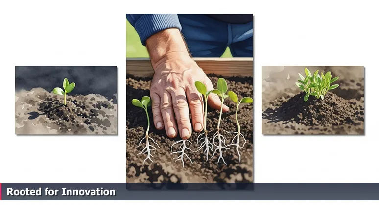 A farmer's hands feeling soil and roots in a Fargo prairie seedbed, symbolizing the interconnected growth of AI startups in the Red River Valley ecosystem.