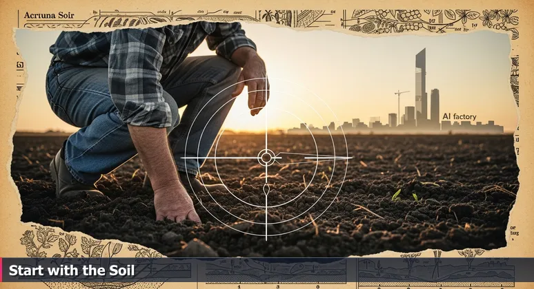 A farmer in jeans crouching in a Fargo field at sunrise, hand on soil, with a distant AI factory silhouette, symbolizing grounded foundations for AI careers.