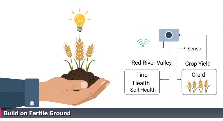 Close-up of a farmer's hand holding rich Red River Valley soil with wheat stalks and a tech sensor node, symbolizing Fargo's fertile tech ecosystem.